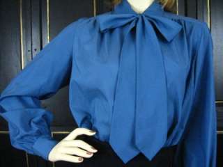 TURQUOISE BLUE SECRETARY BOW TIE SILKY BLOUSE VTG TOP L  