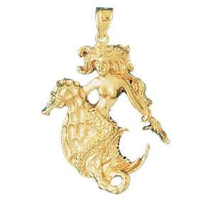  14kt Yellow Gold Mermaid With Seahorse Pendant Jewelry