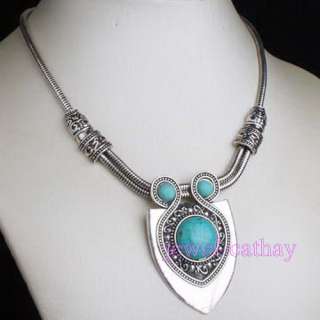 Round Turquoise & Tibet Silver inlaid Pendant Necklace  