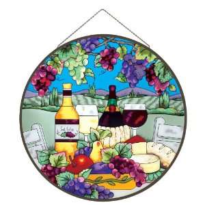   Wine and Cheese Glass Art Panel, 21 1/2 Inch Diameter