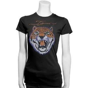   Tigers Ladies Black Rhinestone Mascot T shirt
