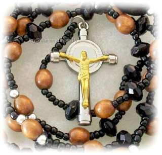 Wood Bead Rosary Silver Gold Tone Cross Necklace Black  