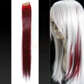 Red Feather Hair Extensions CLIP ON Grizzly Strand Synthetic 17 