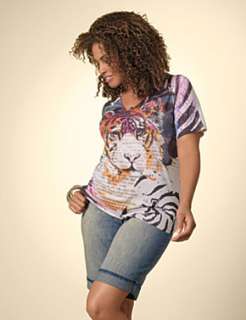 Tiger Print Tee, Denim Bermuda  Lane Bryant