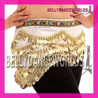 BELLY DANCE FAUX GEMSTONE HIP SCARF SKIRT GOLD COIN 4CL  