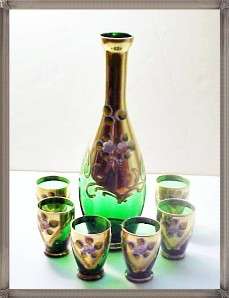 Bohemian Green Glass Liquor Set Gold & H. P. Flowers  
