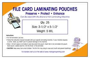 100 INDEX   FILE CARD Laminating Pouches (5 MIL)  