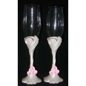 Double Heart Pearl White Toasting Glasses with Pink Accents  