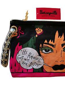 NWT Betsey Johnson Raining Betsey Top Zip Clutch Bag With Chain Large