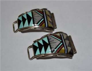 NATIVE AMERICAN ZUNI STERLING TURQUOISE CORAL INLAY WATCH BAND ENDS 