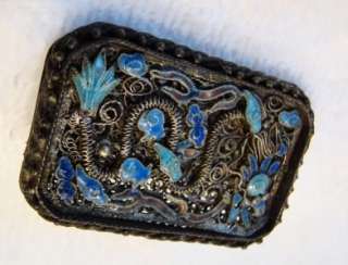 ANTIQUE SILVER CHINESE EXPORT FILIGREE ENAMEL DRAGON BROOCH WIREWORK 