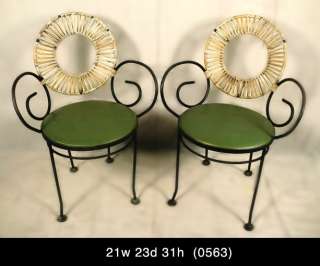 Pair Iron & Rush Decorative 1960s Patio Chairs (0563)r.  