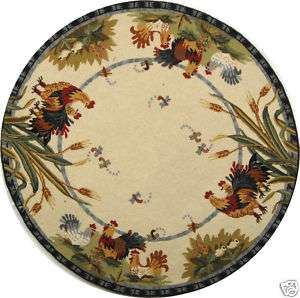 Hand hooked Roosters Ivory Wool Area Rug 8 Round  