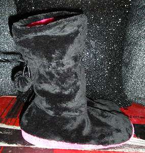   Johnson BLACK FAUX FUR Pom BEDDY BYE Fold Down BOOT SLIPPERS Shoes S