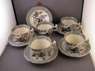 ANTIQUE MASONS IRONSTONE HP BIRD & FLORAL CUPS SAUCERS  