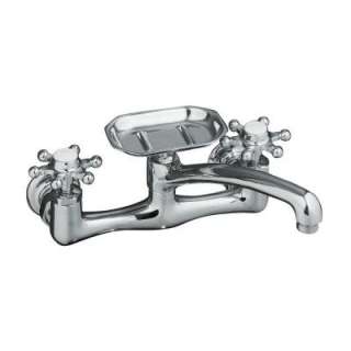 Antique 8 in. Wall Mount 2 Handle Low Arc Kitchen Faucet in Polished 