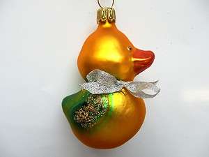 GOLD DUCK GERMAN BLOWN GLASS CHRISTMAS ORNAMENT DECORATION SLV BOW 