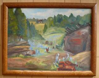 Doris Ashbee, vintage landscape oil painting, barn rural scene 