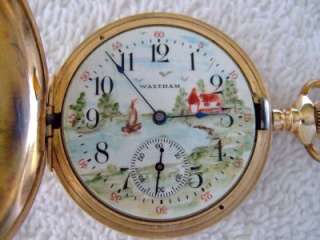 1908 WALTHAM Seaside Pocket Watch Fancy Painted Dial 6 size hunting 