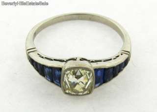   Deco Old Mine Cushion Cut Diamond 10 Sapphires Platinum Ring  