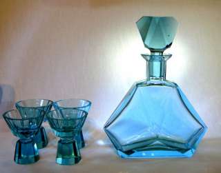 Art Deco Glas Karaffe+4 Gläser, Böhmen/Haida ~1920  