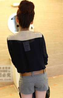 Korean Women Tie Neck Long Sleeve Splice Chiffon Blouse Top Black 