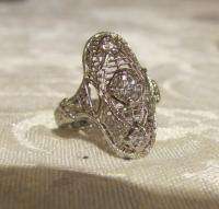 Antique 18K WG & Platinum Filigree Ring Diamonds 1920s  