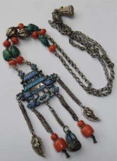   CHINESE SILVER ENAMEL CORAL TURQUOISE NECKLACE W/ TEMPLE & BATS  