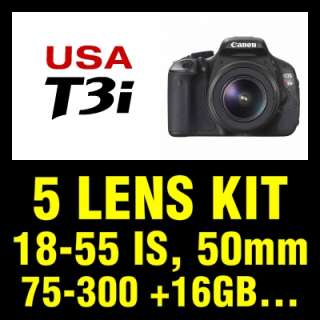 USA Canon Model T3i 600D + 5 Lens 18 55 IS II + 50 + 75 300 +16GB 
