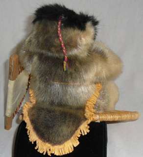 Eskimo Hunter, soapstone face, genuine fur & suede coat  