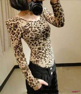   Leopard Prints Long Sleeve Tops Slim T Shirt Blouses Bottoming Shirt
