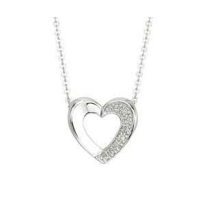 14K White Gold Pave Set Round Diamond Open Heart Pendant & Necklace 