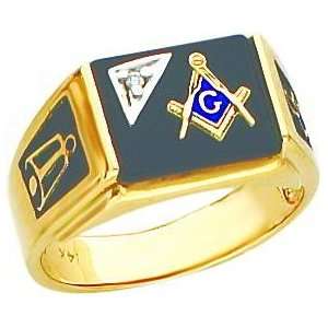  14K Gold Onyx Diamond Masonic Mens Ring Sz 10 Jewelry