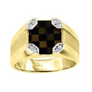   Mosaic Tigers Eye & Onyx Ring 14K Yellow Gold with Diamonds Jewelry