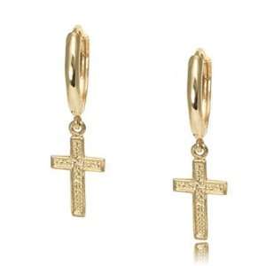   14K Yellow Gold Jesus Christian Cross Huggie Earrings Jewelry