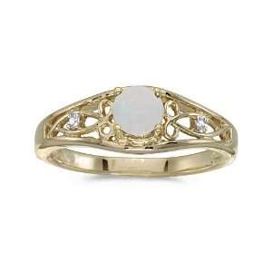    10k Yellow Gold Round Opal And Diamond Ring (Size 6) Jewelry