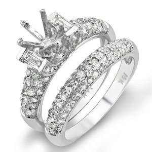 Round & Baguette Diamond Semi Mount Ladies Bridal Engagement Ring Set 