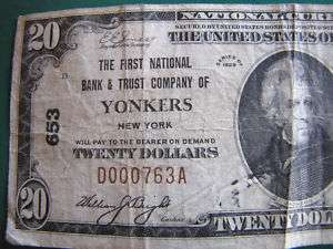 1929 NATIONAL 20 DOLLAR BANKNOTE BILL YONKERS NEW YORK FNB Make an 