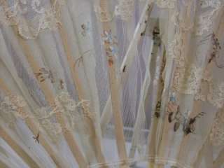 Vintage Ivory and Tan Hand Fan Ox Bone Lace Flowers  