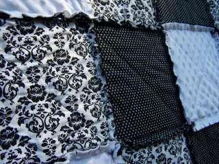 Black White Damask Minky Rag Quilt Blanket Throw Size **Handmade in NJ 