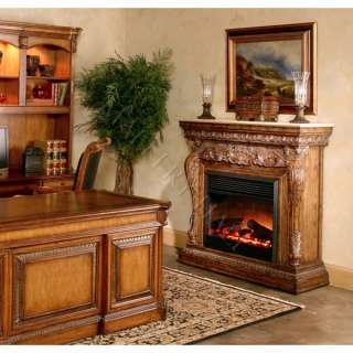 Mahogany Carved Electric Fireplace Black Granite Top w/ Remote  