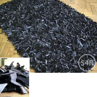 NEW REAL LEATHER SHAGGY RUG BLACK 4X6  