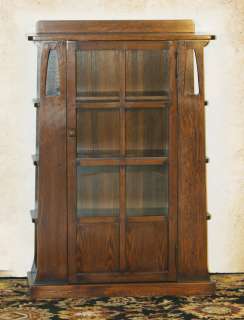 Solid Oak Mission Bookcase with Glass Front Door and Side Shelves