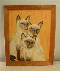 SIAMESE CATS Painting on Canvas & Oak Frame By E. SCHNEIDER Mystic 
