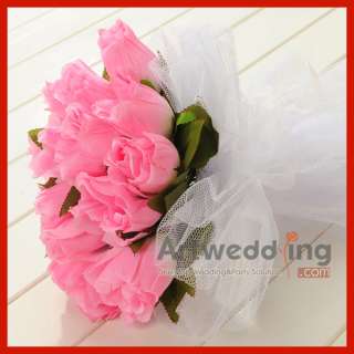   Rose Mesh Wrap Bridal Bouquet Wedding Silk Flower with Ribbon  