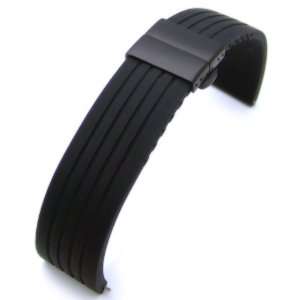 24mm 4 Groove Line Silicone Watch Strap on Deployment Clasp PVD Black 