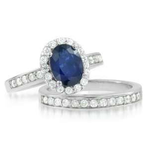 Natural Sapphire Diamond Engagement Wedding Ring Bridal Set 14k White 