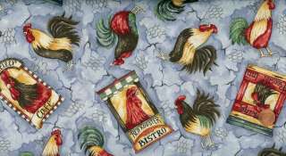 CHANTICLEER TOSSED ROOSTERS BLUE FABRIC   DIANE KNOTT/CLOTHWORKS 