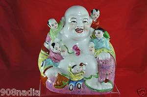   SITTING LAUGHING BUDDHA,5 CHILDREN/KIDS STATUE FIGURINE MARKED  