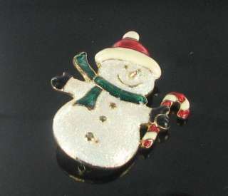 Christmas Snowman Pin Brooch Glitter enamel red green white Xmas 